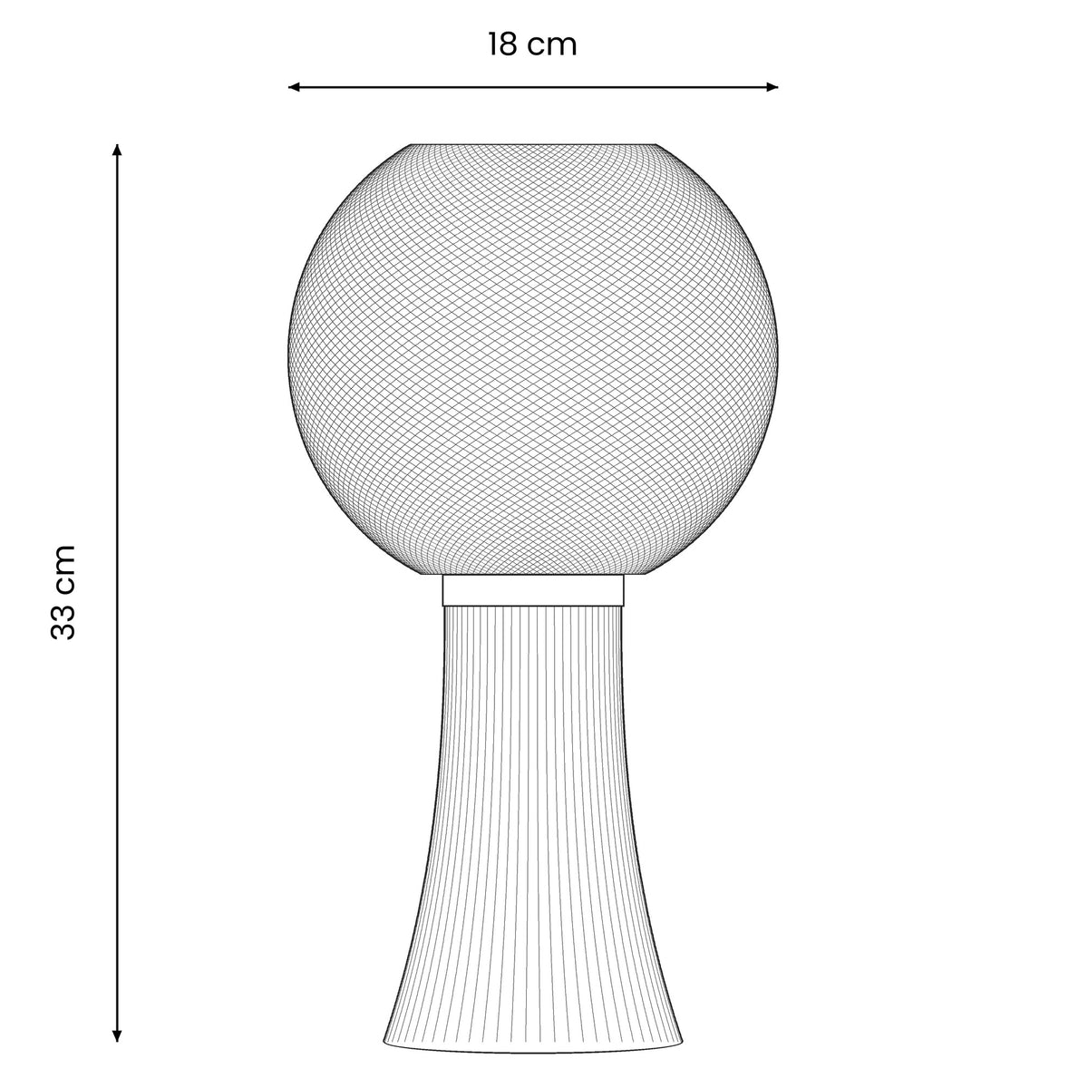 Gloam side view with dimensions: 18 cm wide, 33 cm tall